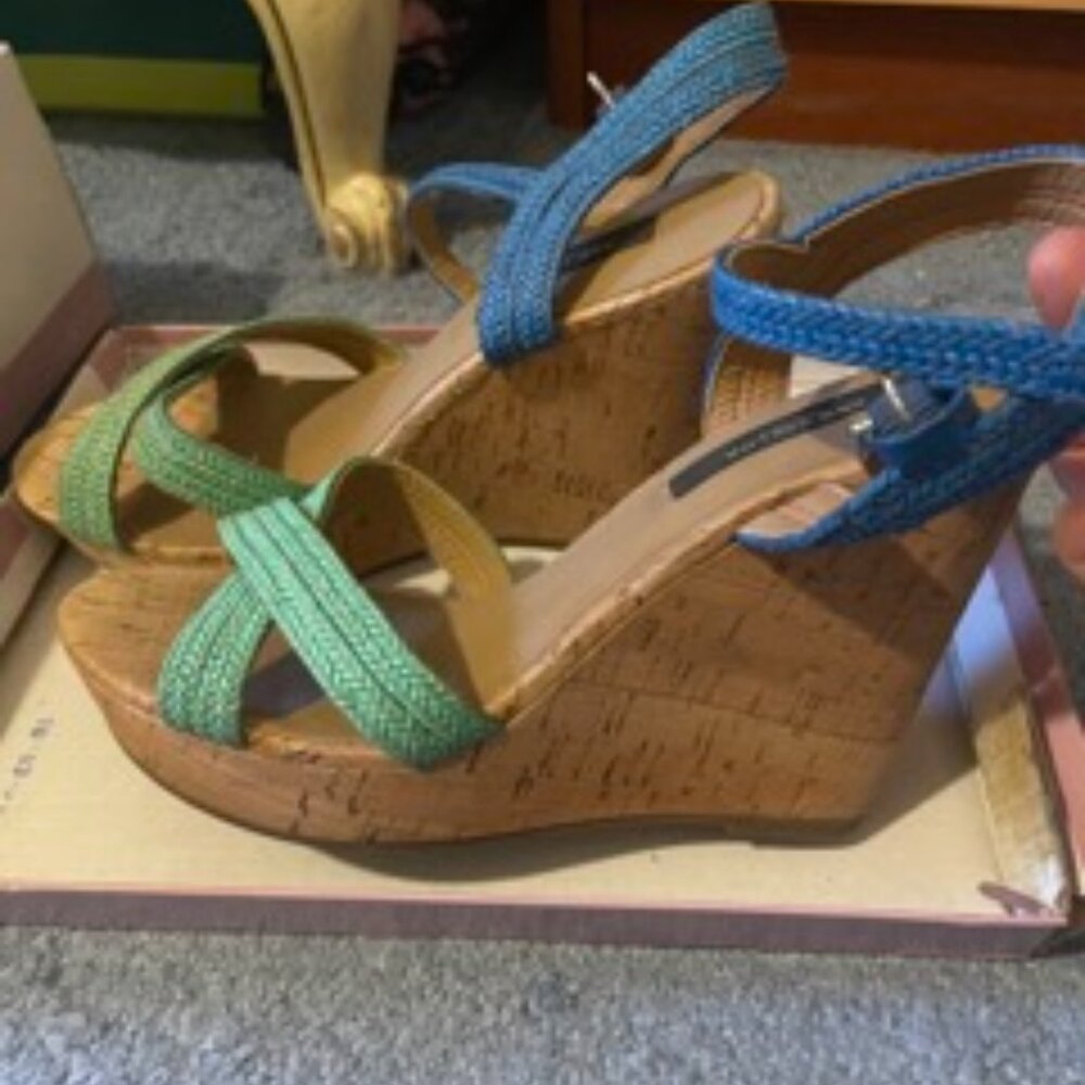 Ann Taylor Blue and Green Summer Wedge Heels, Size 7